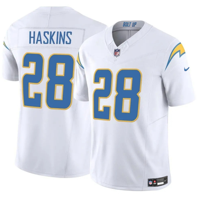Men's Los Angeles Chargers #28 Hassan Haskins White 2024 F.U.S.E Vapor Limited Stitched Football Jersey Men's Los Angeles Chargers #28 Hassan Haskins White 2024 F.U.S.E Vapor Limited Stitched Football Jersey