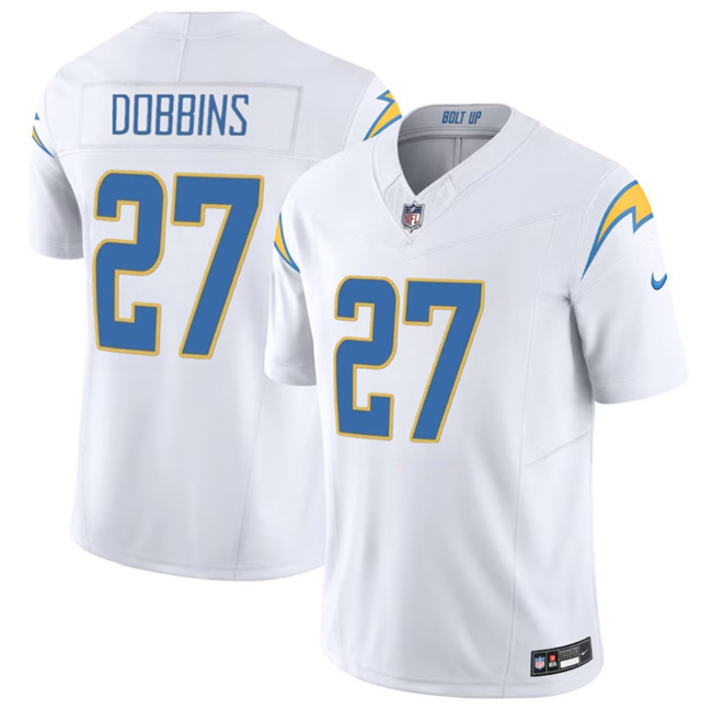 Men's Los Angeles Chargers #27 J.K. Dobbins White 2024 F.U.S.E Vapor Limited Stitched Football Jersey Men's Los Angeles Chargers #27 J.K. Dobbins White 2024 F.U.S.E Vapor Limited Stitched Football Jersey