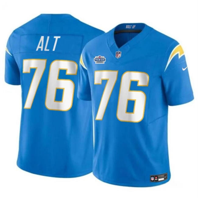 Men's Los Angeles Chargers #76 Joe Alt Light Blue 2024 With Dradt Patch Vapor Limited Stitched Football Jersey Men's Los Angeles Chargers #76 Joe Alt Light Blue 2024 With Dradt Patch Vapor Limited Stitched Football Jersey