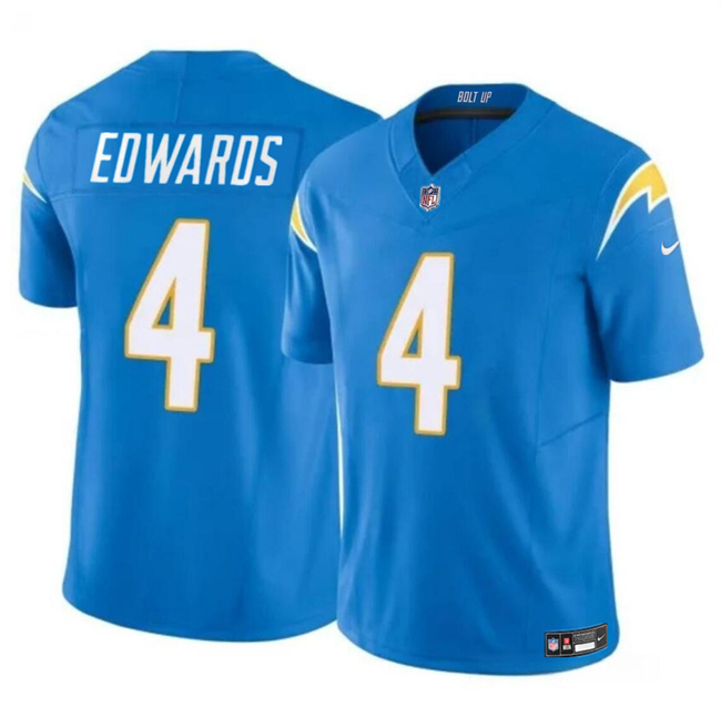 Men's Los Angeles Chargers #4 Gus Edwards Light Blue 2024 F.U.S.E. Vapor Limited Stitched Football Jersey Men's Los Angeles Chargers #4 Gus Edwards Light Blue 2024 F.U.S.E. Vapor Limited Stitched Football Jersey