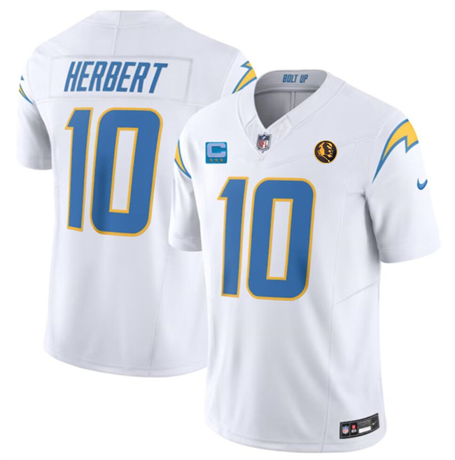 Men's Los Angeles Chargers #10 Justin Herbert White 2023 F.U.S.E. With 3-Star C Patch And John Madden Patch Vapor Limited Stitched Football Jersey Men's Los Angeles Chargers #10 Justin Herbert White 2023 F.U.S.E. With 3-Star C Patch And John Madden Patch Vapor Limited Stitched Football Jersey