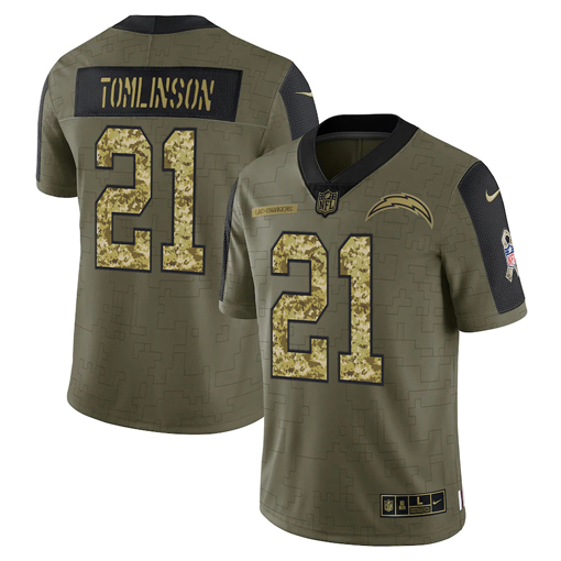Men's Los Angeles Chargers #21 LaDainian Tomlinson 2021 Olive Camo Salute To Service Limited Stitched Jersey Men's Los Angeles Chargers #21 LaDainian Tomlinson 2021 Olive Camo Salute To Service Limited Stitched Jersey