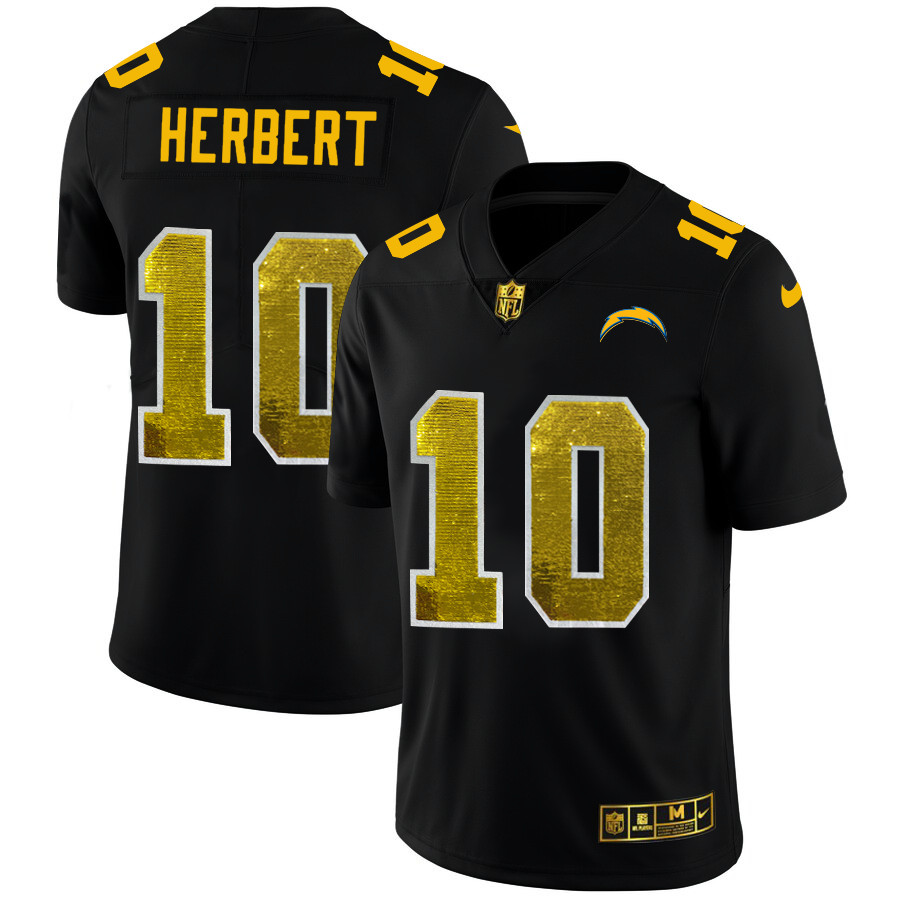 Los Angeles Chargers #10 Justin Herbert Men's Black Nike Golden Sequin Vapor Limited NFL Jersey Los Angeles Chargers #10 Justin Herbert Men's Black Nike Golden Sequin Vapor Limited NFL Jersey