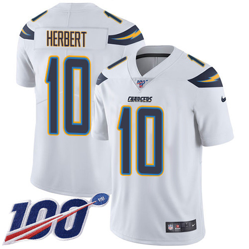 Nike Chargers #10 Justin Herbert White Men's Stitched NFL 100th Season Vapor Untouchable Limited Jersey Nike Chargers #10 Justin Herbert White Men's Stitched NFL 100th Season Vapor Untouchable Limited Jersey