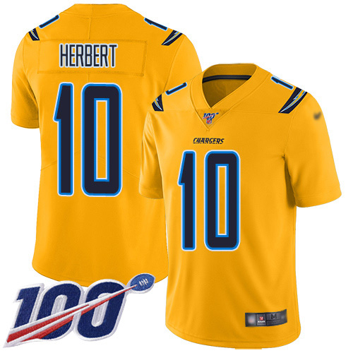 Nike Chargers #10 Justin Herbert Gold Men's Stitched NFL Limited Inverted Legend 100th Season Jersey Nike Chargers #10 Justin Herbert Gold Men's Stitched NFL Limited Inverted Legend 100th Season Jersey