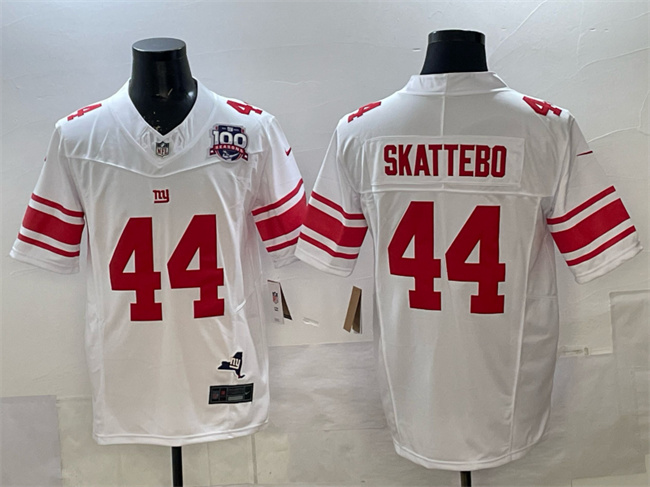 Men's New York Giants #44 Cam Skattebo White 2025 Draft F.U.S.E. 100th Season & State Patch Vapor Limited Stitched Football Jersey Men's New York Giants #44 Cam Skattebo White 2025 Draft F.U.S.E. 100th Season & State Patch Vapor Limited Stitched Football Jersey
