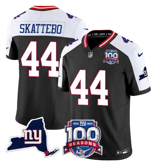 Men's New York Giants #44 Cam Skattebo Black White 2025 Draft F.U.S.E. 100th Season & State Patch Vapor Limited Stitched Football Jersey Men's New York Giants #44 Cam Skattebo Black White 2025 Draft F.U.S.E. 100th Season & State Patch Vapor Limited Stitched Football Jersey