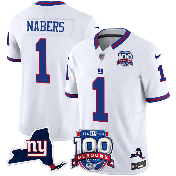 Men's New York Giants #1 Malik Nabers White 2024 F.U.S.E. 100th Season And State Patch Vapor Limited Stitched Football Jersey Men's New York Giants #1 Malik Nabers White 2024 F.U.S.E. 100th Season And State Patch Vapor Limited Stitched Football Jersey