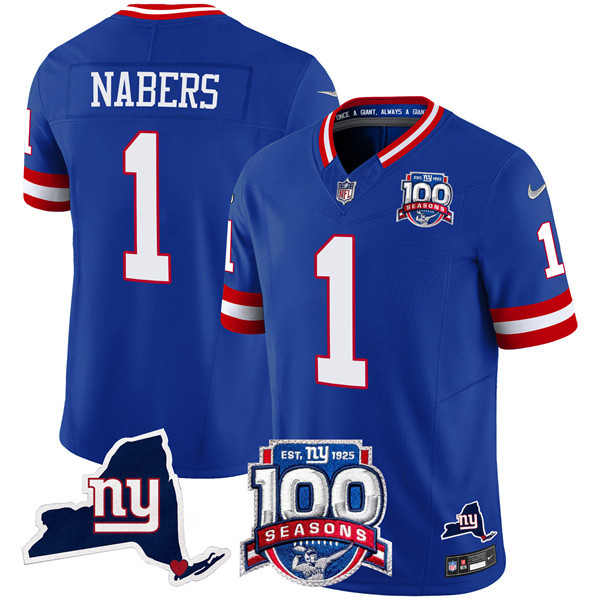 Men's New York Giants #1 Malik Nabers Royal 2024 F.U.S.E. 100th Season And State Patch Vapor Limited Stitched Football Jersey Men's New York Giants #1 Malik Nabers Royal 2024 F.U.S.E. 100th Season And State Patch Vapor Limited Stitched Football Jersey