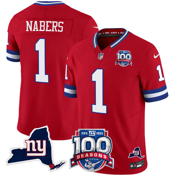 Men's New York Giants #1 Malik Nabers Red 2024 F.U.S.E. 100th Season And State Patch Vapor Limited Stitched Football Jersey Men's New York Giants #1 Malik Nabers Red 2024 F.U.S.E. 100th Season And State Patch Vapor Limited Stitched Football Jersey