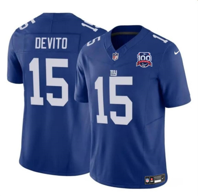 Men's New York Giants #15 Tommy DeVito Blue 2024 F.U.S.E. 100TH Season Patch Vapor Untouchable Limited Stitched Jersey Men's New York Giants #15 Tommy DeVito Blue 2024 F.U.S.E. 100TH Season Patch Vapor Untouchable Limited Stitched Jersey
