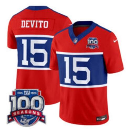 Men's New York Giants #15 Tommy DeVito Century Red F.U.S.E. 100TH Season Commemorative Patch Limited Stitched Football Jersey Men's New York Giants #15 Tommy DeVito Century Red F.U.S.E. 100TH Season Commemorative Patch Limited Stitched Football Jersey