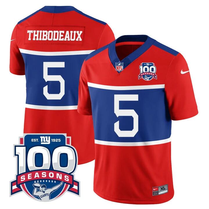 Men's New York Giants #5 Kayvon Thibodeaux Century Red 100TH Season Commemorative Patch Limited Stitched Football Jersey Men's New York Giants #5 Kayvon Thibodeaux Century Red 100TH Season Commemorative Patch Limited Stitched Football Jersey