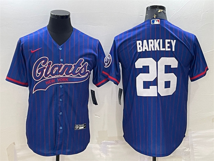 Men's New York Giants #26 Saquon Barkley Blue With Patch Cool Base Stitched Baseball Jersey Men's New York Giants #26 Saquon Barkley Blue With Patch Cool Base Stitched Baseball Jersey