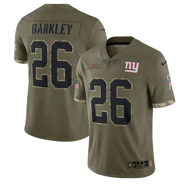 Men's New York Giants #26 Saquon Barkley Olive 2022 Salute To Service Limited Stitched Jersey Men's New York Giants #26 Saquon Barkley Olive 2022 Salute To Service Limited Stitched Jersey