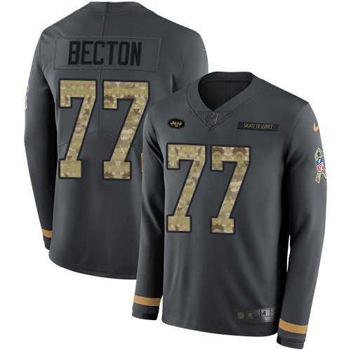 Nike Jets #77 Mekhi Becton Anthracite Salute to Service Men's Stitched NFL Limited Therma Long Sleeve Jersey Nike Jets #77 Mekhi Becton Anthracite Salute to Service Men's Stitched NFL Limited Therma Long Sleeve Jersey