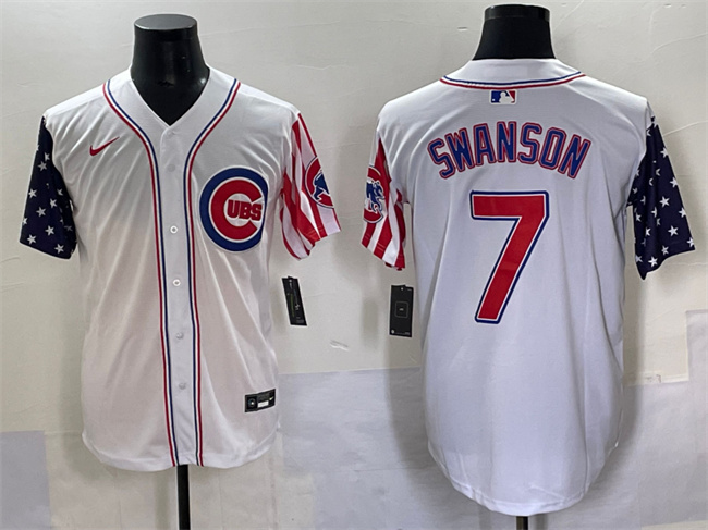 Men's Chicago Cubs #7 Dansby Swanson White 2025 Independence Day Vapor Premier Limited Stitched Baseball Jersey Men's Chicago Cubs #7 Dansby Swanson White 2025 Independence Day Vapor Premier Limited Stitched Baseball Jersey