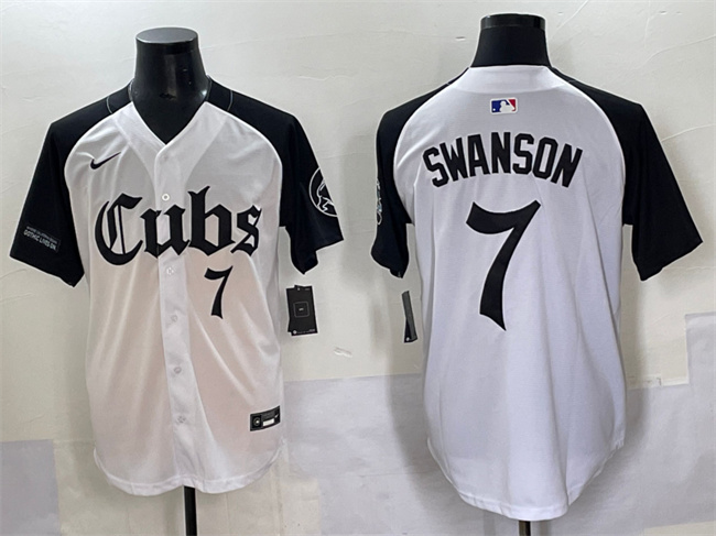 Men's Chicago Cubs #7 Dansby Swanson White Black 'Gothic North Side Edition' Vapor Premier Limited Stitched Baseball Jersey Men's Chicago Cubs #7 Dansby Swanson White Black 'Gothic North Side Edition' Vapor Premier Limited Stitched Baseball Jersey