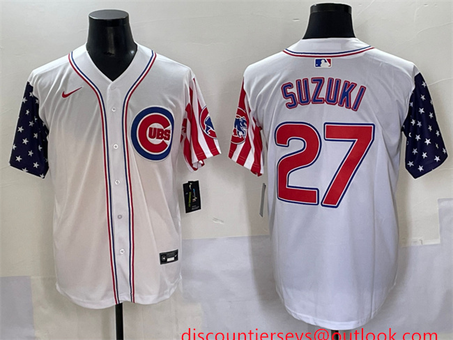 Men's Chicago Cubs #27 Seiya Suzuki White 2025 Independence Day Vapor Premier Limited Stitched Baseball Jersey Men's Chicago Cubs #27 Seiya Suzuki White 2025 Independence Day Vapor Premier Limited Stitched Baseball Jersey