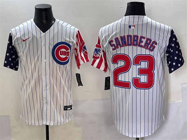 Men's Chicago Cubs #23 Ryne Sandberg White Pinstripe 2025 Independence Day Vapor Premier Limited Stitched Baseball Jersey Men's Chicago Cubs #23 Ryne Sandberg White Pinstripe 2025 Independence Day Vapor Premier Limited Stitched Baseball Jersey