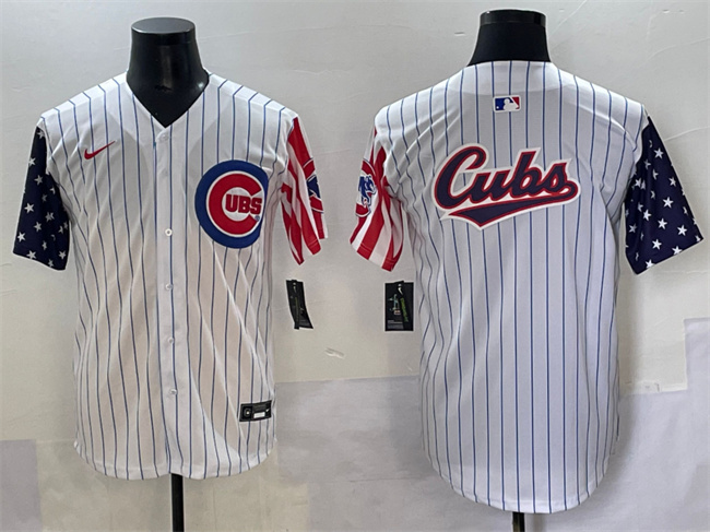 Men's Chicago Cubs Team Big Logo White Pinstripe 2025 Independence Day Vapor Premier Limited Stitched Baseball Jersey Men's Chicago Cubs Team Big Logo White Pinstripe 2025 Independence Day Vapor Premier Limited Stitched Baseball Jersey