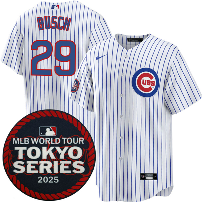 Men's Chicago Cubs #29 Michael Busch White 2025 World Tour Tokyo Series Home Stitched Baseball Jersey Men's Chicago Cubs #29 Michael Busch White 2025 World Tour Tokyo Series Home Stitched Baseball Jersey