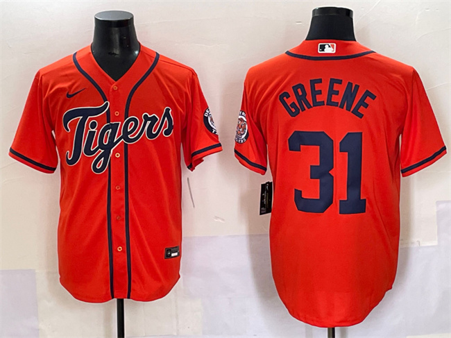 Men's Detroit Tigers #31 Riley Greene Orange With Patch Cool Base Stitched Baseball Jersey Men's Detroit Tigers #31 Riley Greene Orange With Patch Cool Base Stitched Baseball Jersey