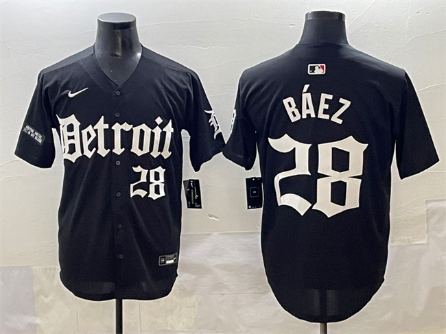 Men's Detroit Tigers #28 Javier Báez Black 'Motor Gothic Edition' Vapor Premier Limited Stitched Baseball Jersey Men's Detroit Tigers #28 Javier Báez Black 'Motor Gothic Edition' Vapor Premier Limited Stitched Baseball Jersey