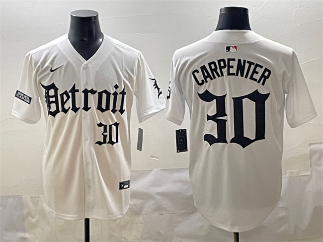 Men's Detroit Tigers #30 Kerry Carpenter White 'Motor Gothic Edition' Vapor Premier Limited Stitched Baseball Jersey Men's Detroit Tigers #30 Kerry Carpenter White 'Motor Gothic Edition' Vapor Premier Limited Stitched Baseball Jersey