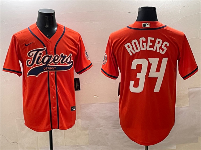Men's Detroit Tigers #34 Jake Rogers Orange With Patch Cool Base Stitched Baseball Jersey Men's Detroit Tigers #34 Jake Rogers Orange With Patch Cool Base Stitched Baseball Jersey
