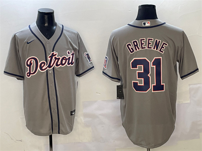 Men's Detroit Tigers #31 Riley Greene Grey With Patch Cool Base Stitched Baseball Jersey Men's Detroit Tigers #31 Riley Greene Grey With Patch Cool Base Stitched Baseball Jersey