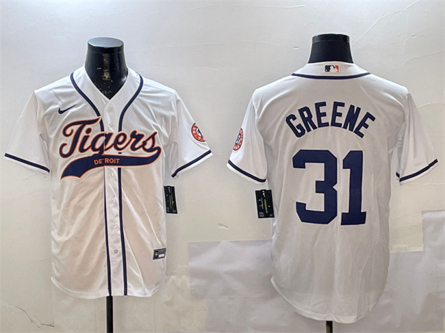 Men's Detroit Tigers #31 Riley Greene White With Patch Cool Base Stitched Baseball Jersey Men's Detroit Tigers #31 Riley Greene White With Patch Cool Base Stitched Baseball Jersey