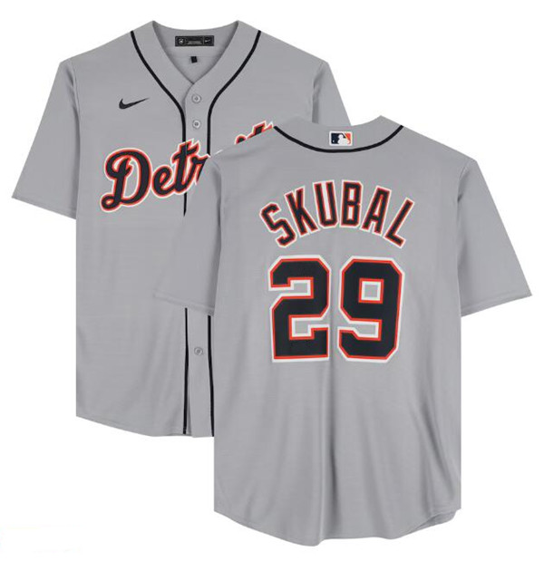 Men's Detroit Tigers #29 Tarik Skubal Grey Cool Base Stitched Baseball Jersey Men's Detroit Tigers #29 Tarik Skubal Grey Cool Base Stitched Baseball Jersey