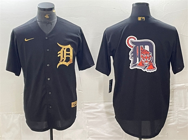 Men's Detroit Tigers Black Team Big Logo Cool Base Stitched Baseball Jersey 3 Men's Detroit Tigers Black Team Big Logo Cool Base Stitched Baseball Jersey 3