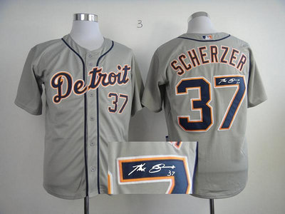 MLB Detroit Tigers 37 Scherzer Grey Signed Jersey MLB Detroit Tigers 37 Scherzer Grey Signed Jersey