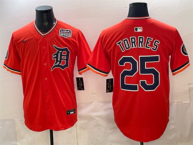 Men's Detroit Tigers #25 Gleyber Torres Orange 2026 Alternate USA 250' Patch Vapor Premier Limited Stitched Baseball Jersey Men's Detroit Tigers #25 Gleyber Torres Orange 2026 Alternate USA 250' Patch Vapor Premier Limited Stitched Baseball Jersey