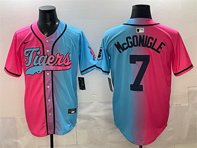 Men's Detroit Tigers #7 Kevin McGonigle Pink Blue Limited Stitched Baseball Jersey Men's Detroit Tigers #7 Kevin McGonigle Pink Blue Limited Stitched Baseball Jersey