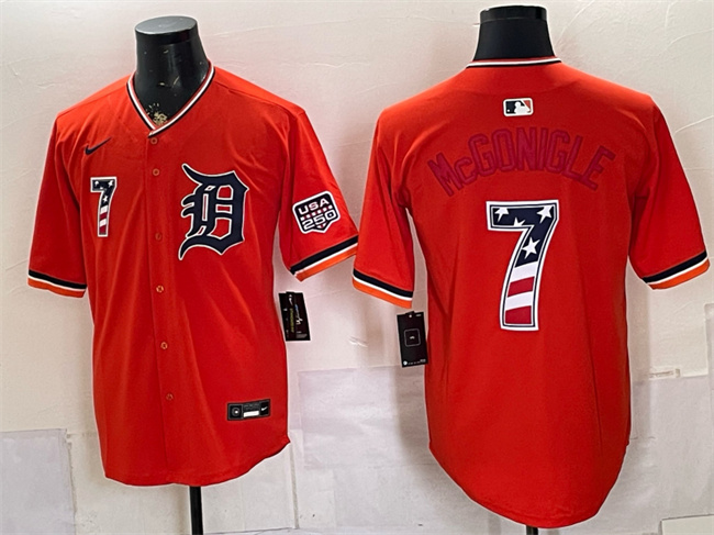 Men's Detroit Tigers #7 Kevin McGonigle Orange 2026 USA 250 Fourth of July Stitched Baseball Jersey Men's Detroit Tigers #7 Kevin McGonigle Orange 2026 USA 250 Fourth of July Stitched Baseball Jersey