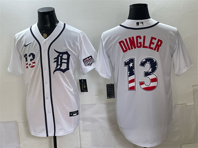 Men's Detroit Tigers #13 Dillon Dingler White 2026 USA 250 Fourth of July Stitched Baseball Jersey Men's Detroit Tigers #13 Dillon Dingler White 2026 USA 250 Fourth of July Stitched Baseball Jersey