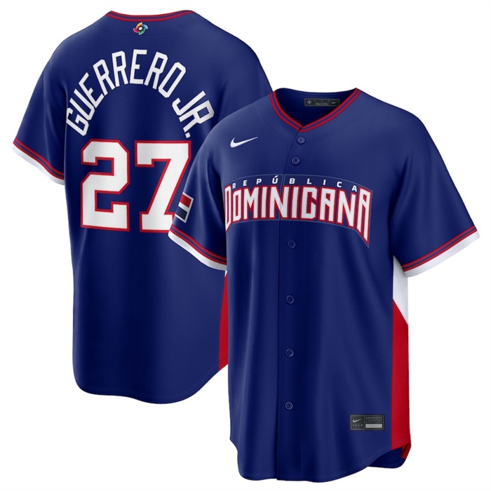 Men's Dominican Republic Baseball #27 Vladimir Guerrero Jr. Navy 2026 World Baseball Classic Road Stadium Stitched Jersey Men's Dominican Republic Baseball #27 Vladimir Guerrero Jr. Navy 2026 World Baseball Classic Road Stadium Stitched Jersey