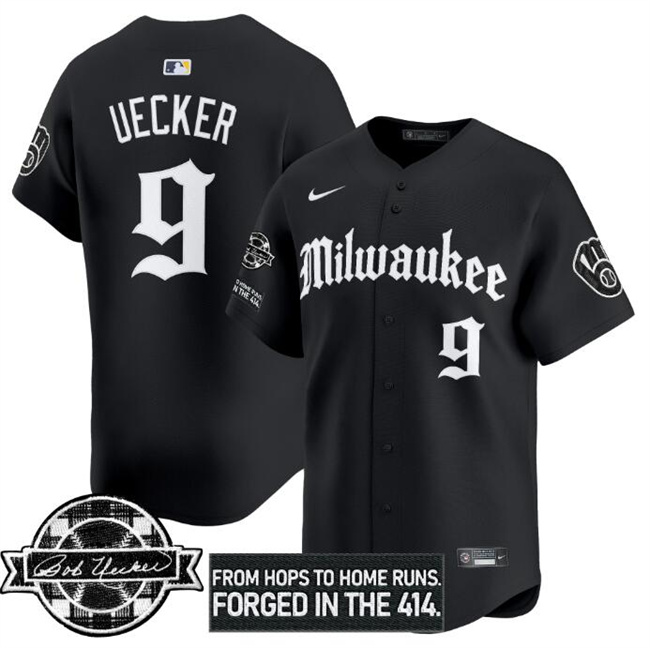 Men's Milwaukee Brewers #9 Bob Uecker Black Gothic Edition Bob Uecker Patch Vapor Premier Limited Stitched Baseball Jersey Men's Milwaukee Brewers #9 Bob Uecker Black Gothic Edition Bob Uecker Patch Vapor Premier Limited Stitched Baseball Jersey