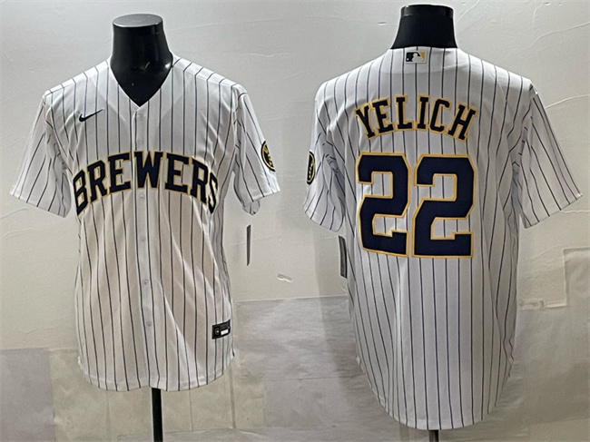 Men's Milwaukee Brewers #22 Christian Yelich White Pinstripe 2025 With Patch Stitched Baseball Jersey Men's Milwaukee Brewers #22 Christian Yelich White Pinstripe 2025 With Patch Stitched Baseball Jersey