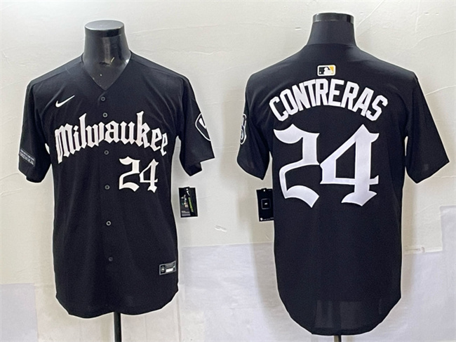 Men's Milwaukee Brewers #24 William Contreras Black 'Gothic 414 Shadows Edition' Vapor Premier Limited Stitched Jersey Men's Milwaukee Brewers #24 William Contreras Black 'Gothic 414 Shadows Edition' Vapor Premier Limited Stitched Jersey