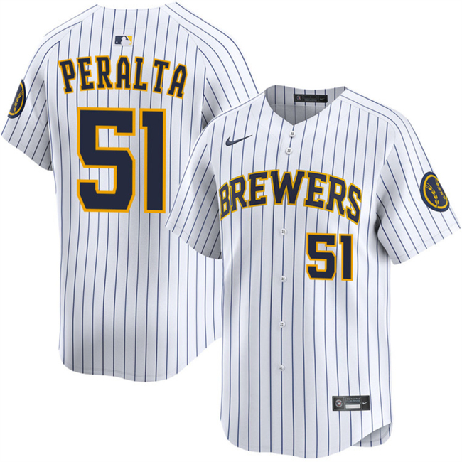 Men's Milwaukee Brewers #51 Freddy Peralta White Alternate Limited Stitched Baseball Jersey Men's Milwaukee Brewers #51 Freddy Peralta White Alternate Limited Stitched Baseball Jersey