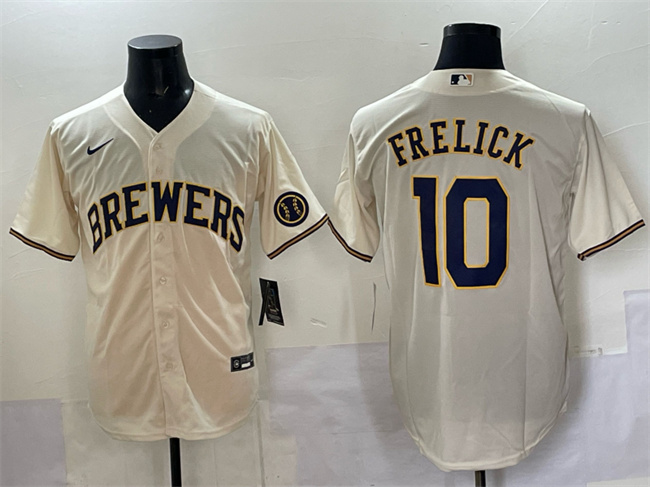 Men's Milwaukee Brewers #10 Sal Frelick Cream Cool Base Stitched Jersey Men's Milwaukee Brewers #10 Sal Frelick Cream Cool Base Stitched Jersey