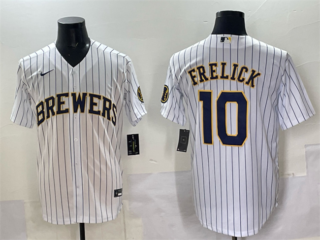 Men's Milwaukee Brewers #10 Sal Frelick White Pinstripe 2025 With Patch Stitched Baseball Jersey Men's Milwaukee Brewers #10 Sal Frelick White Pinstripe 2025 With Patch Stitched Baseball Jersey