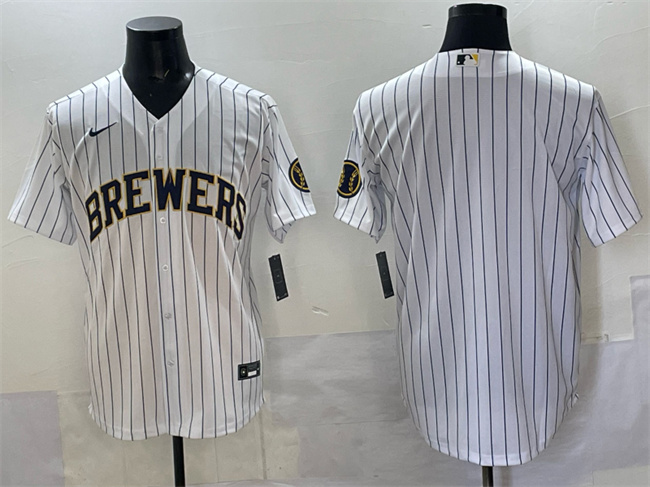Men's Milwaukee Brewers Blank White Pinstripe 2025 With Patch Stitched Baseball Jersey Men's Milwaukee Brewers Blank White Pinstripe 2025 With Patch Stitched Baseball Jersey