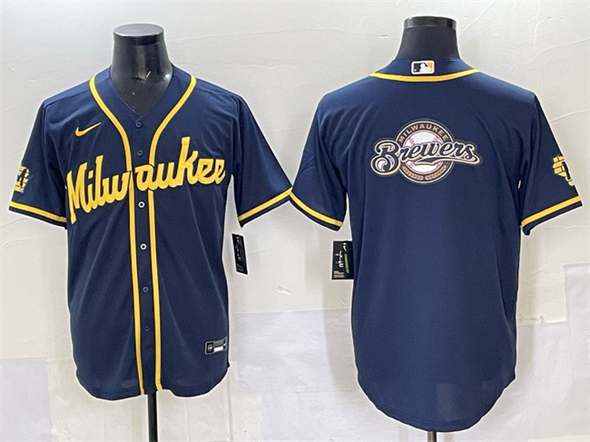 Men's Milwaukee Brewers Team Big Logo Navy 2025 With Patch Stitched Baseball Jersey Men's Milwaukee Brewers Team Big Logo Navy 2025 With Patch Stitched Baseball Jersey