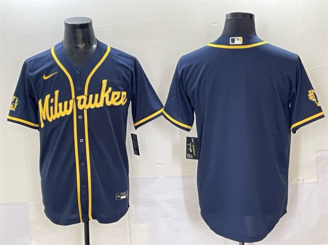 Men's Milwaukee Brewers Blank Navy 2025 With Patch Stitched Baseball Jersey Men's Milwaukee Brewers Blank Navy 2025 With Patch Stitched Baseball Jersey