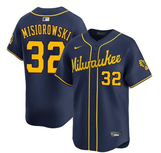 Men's Milwaukee Brewers #32 Jacob Misiorowski Navy Alternate Limited Stitched Baseball Jersey Men's Milwaukee Brewers #32 Jacob Misiorowski Navy Alternate Limited Stitched Baseball Jersey